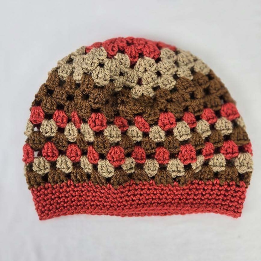Handmade Crochet Beanie Hat Granny Square Pattern Brown Tan Red Boho‎ Slouchy